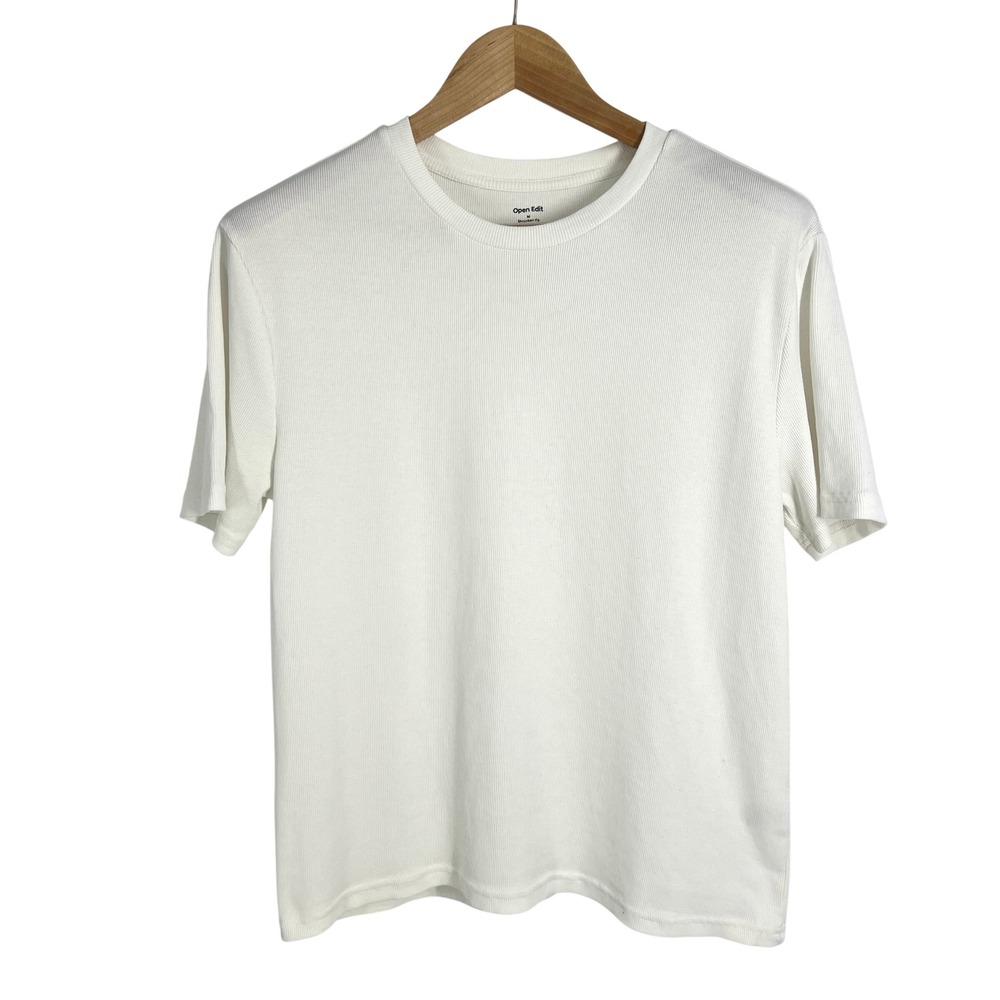 Open Edit Shrunken Fit Ribbed T-Shirt White Crew Neck Cotton Blend Size M